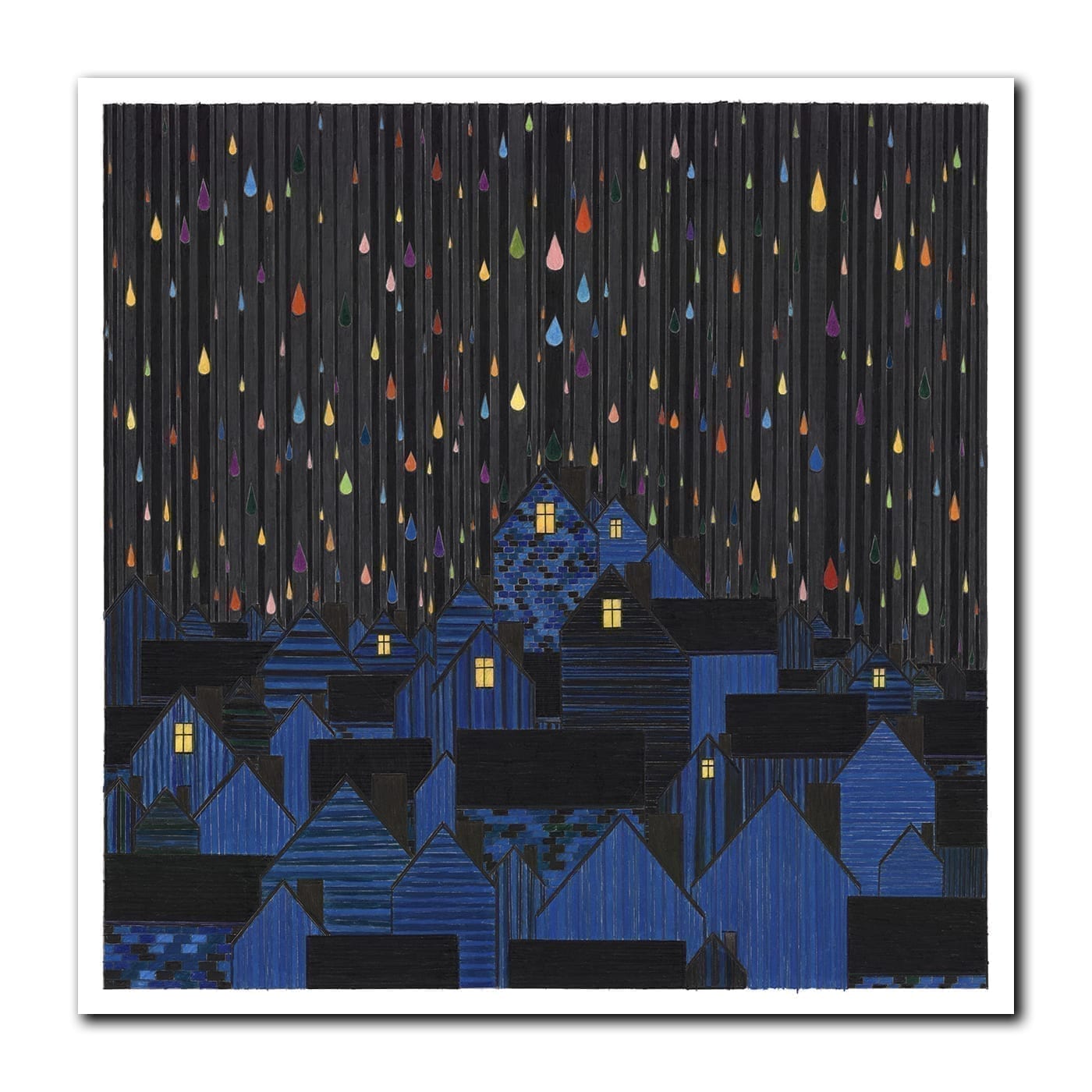 Linjar - Dråper square Fargerrike dråper faller over by om natten