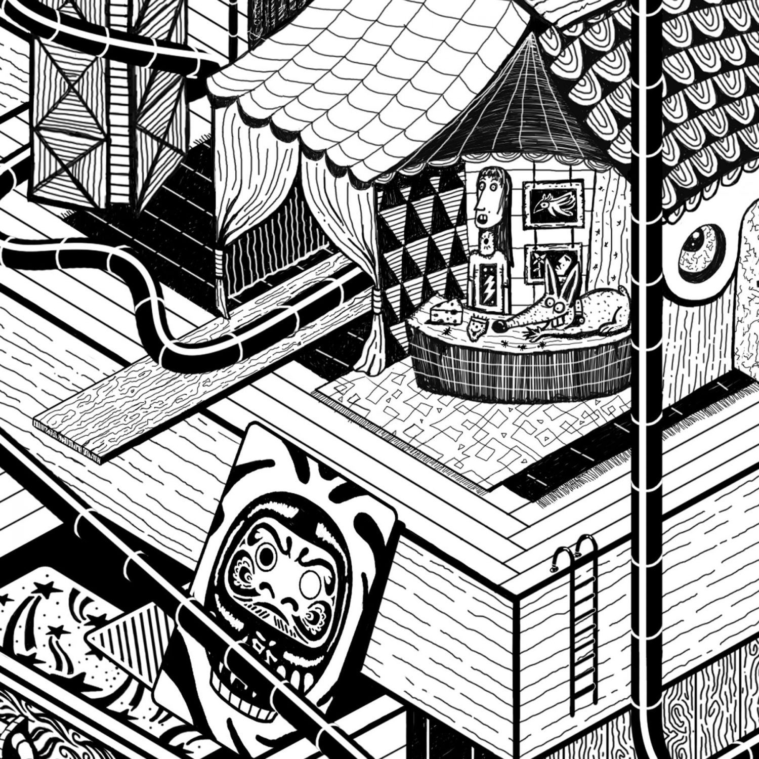 Detaljer fra kunstverk laget av Ninja som heter Daruma. Svart og hvitt